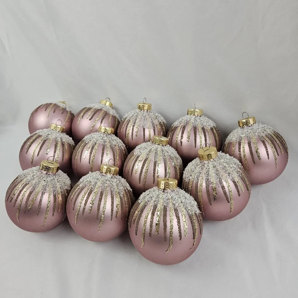 Large Opulent Pink Gold Round Mercury Glass Christmas Ornaments Set of 12